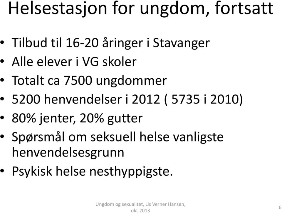 henvendelser i 2012 ( 5735 i 2010) 80% jenter, 20% gutter Spørsmål