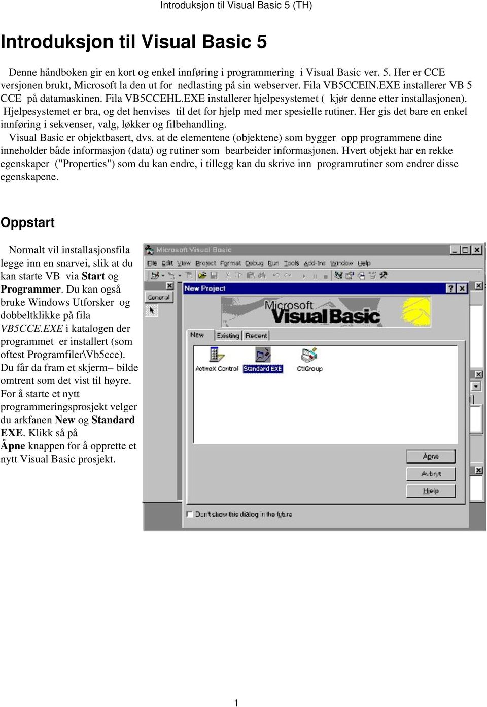 Hjelpesystemet er bra, og det henvises til det for hjelp med mer spesielle rutiner. Her gis det bare en enkel innføring i sekvenser, valg, løkker og filbehandling. Visual Basic er objektbasert, dvs.