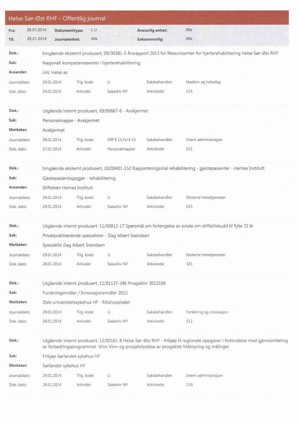 01.2014 Tilg. kode: U Saksbehandler. Medisin og helsefag Dok. dato: 29.01.2014 Arkivdel: Sakarkiv NY Arkivkode: 314 Dok.