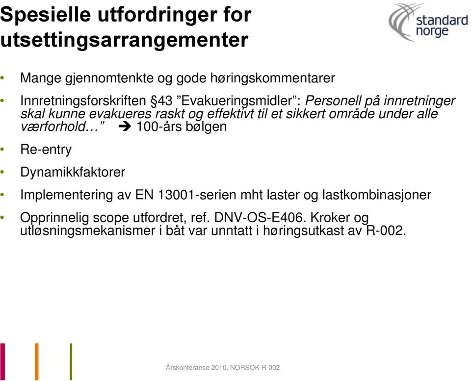 alle værforhold 100-års bølgen Re-entry Dynamikkfaktorer Implementering av EN 13001-serien mht laster og