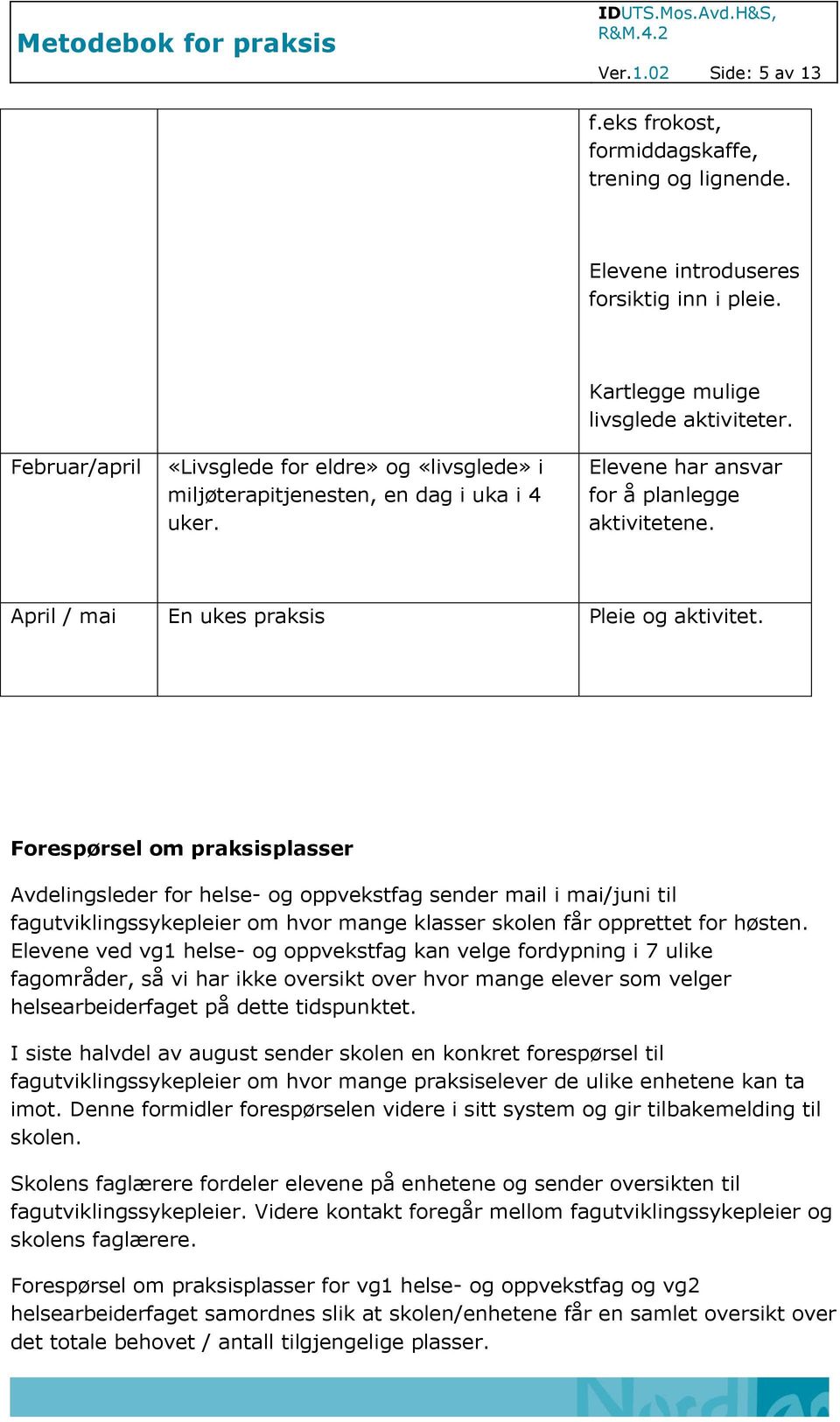 April / mai En ukes praksis Pleie og aktivitet.