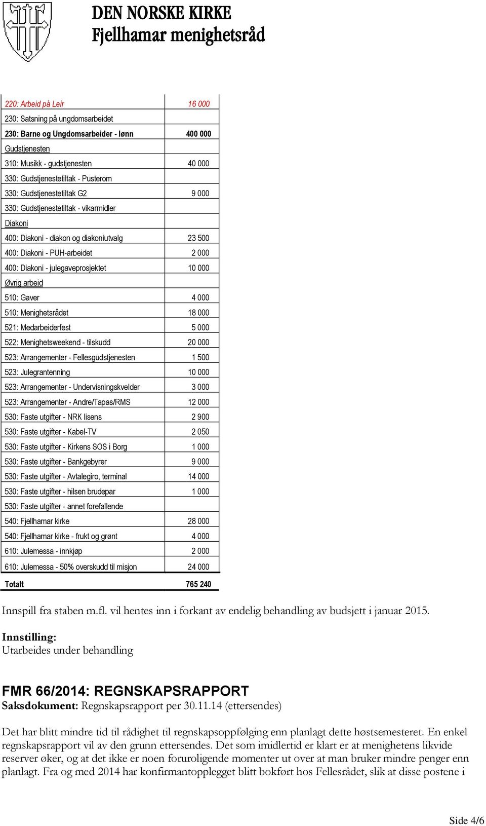 Øvrig arbeid 510: Gaver 4 000 510: Menighetsrådet 18 000 521: Medarbeiderfest 5 000 522: Menighetsweekend - tilskudd 20 000 523: Arrangementer - Fellesgudstjenesten 1 500 523: Julegrantenning 10 000