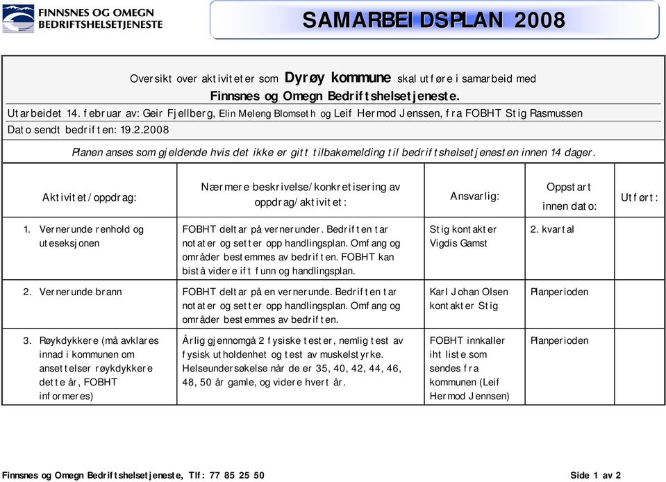 2008 Planen anses som gjeldende hvis det ikke er gitt tilbakemelding til bedriftshelsetjenesten innen 14 dager.