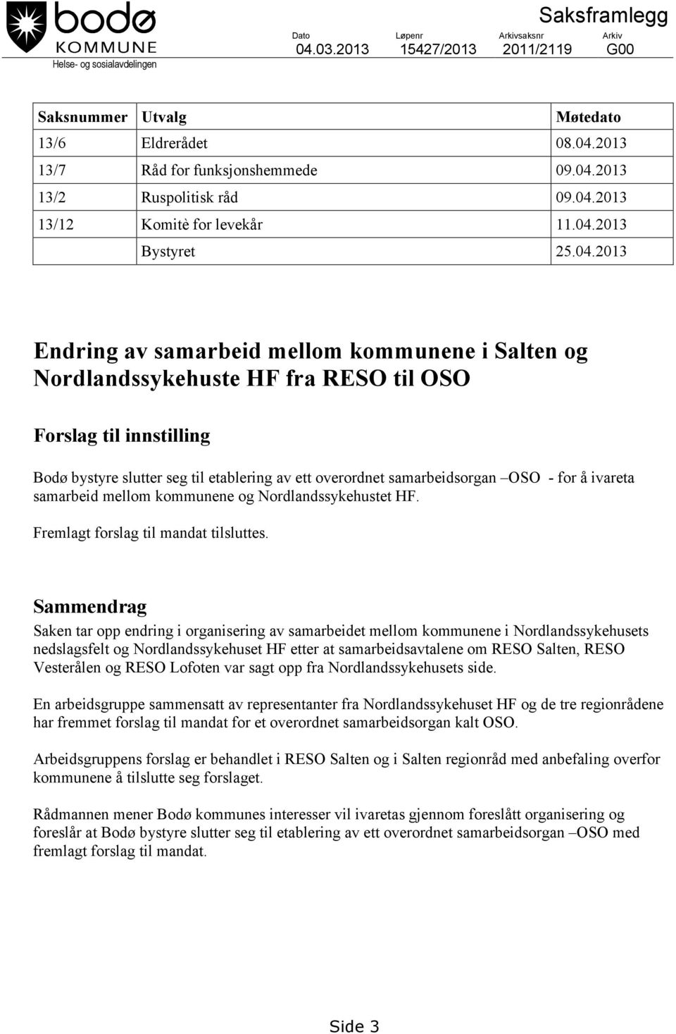seg til etablering av ett overordnet samarbeidsorgan OSO - for å ivareta samarbeid mellom kommunene og Nordlandssykehustet HF. Fremlagt forslag til mandat tilsluttes.