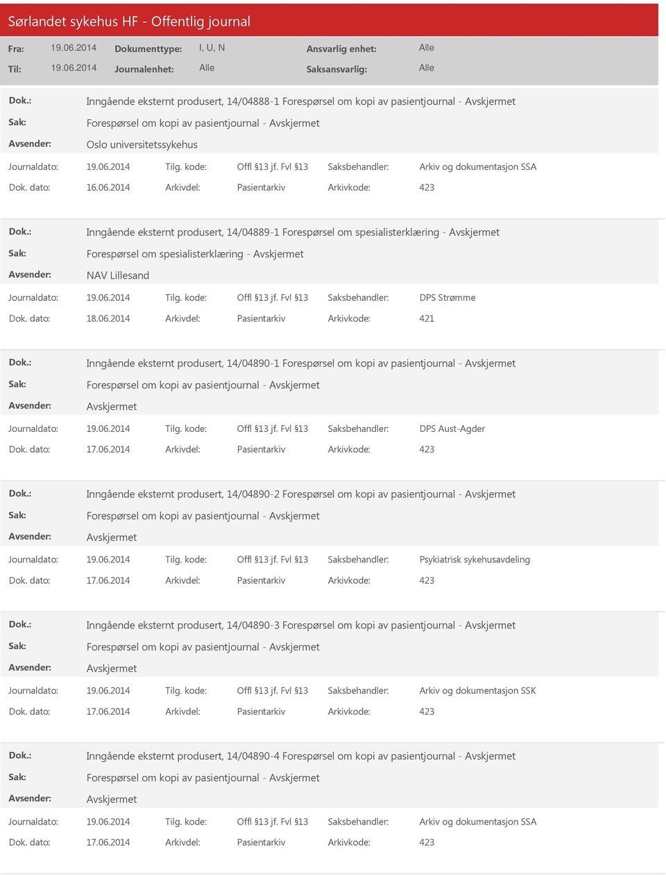 06.2014 Arkivdel: Pasientarkiv Arkivkode: 421 Inngående eksternt produsert, 14/04890-1 Forespørsel om kopi av pasientjournal - Forespørsel om kopi av pasientjournal - DPS Aust-Agder Dok. dato: 17.06.2014 Arkivdel: Pasientarkiv Arkivkode: 423 Inngående eksternt produsert, 14/04890-2 Forespørsel om kopi av pasientjournal - Forespørsel om kopi av pasientjournal - Psykiatrisk sykehusavdeling Dok.