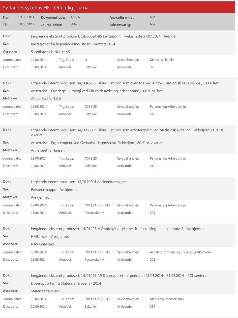 , urologisk seksjon SSK, 100% fast Ansettelse - Overlege - urologi ved Kirurgisk avdeling, Kristiansand, 100 % st. fast Abdul Rashid Tahir Dok. dato: 10.06.