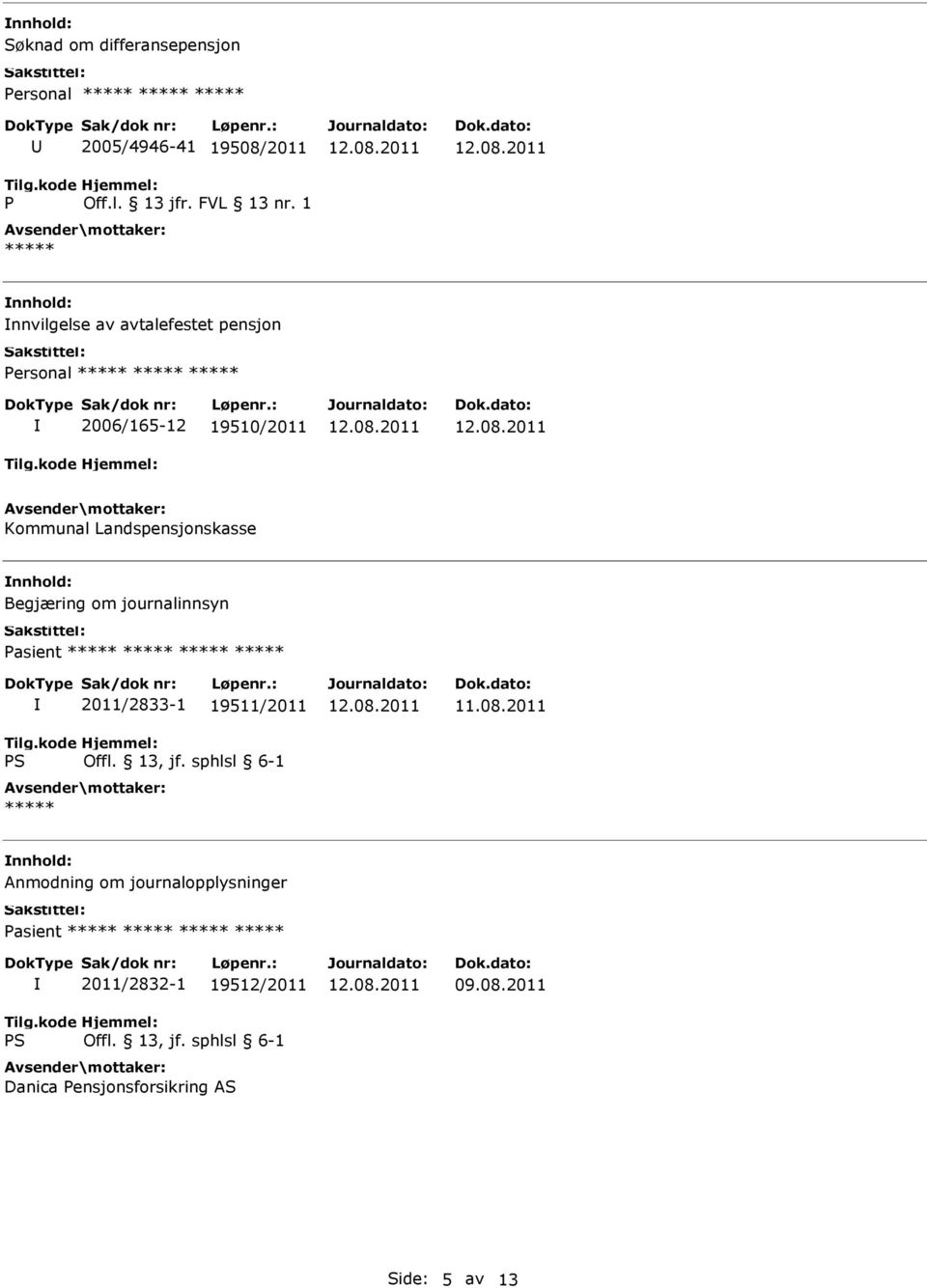 Landspensjonskasse Begjæring om journalinnsyn 2011/2833-1 19511/2011 ***** 11.08.