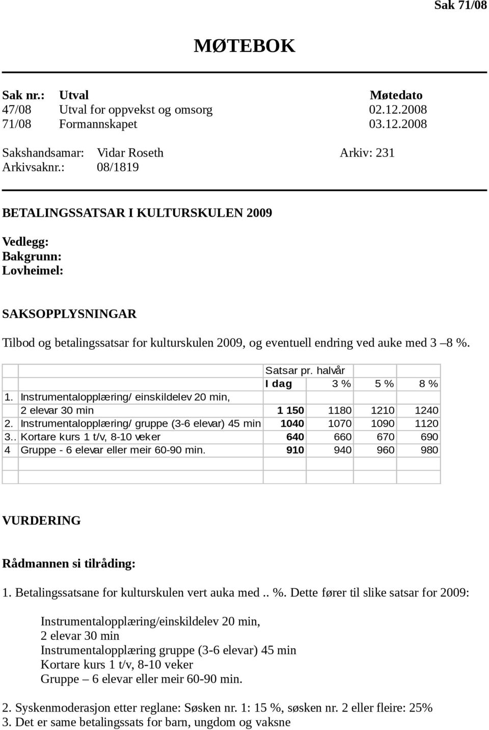 halvår I dag 3 % 5 % 8 % 1. Instrumentalopplæring/ einskildelev 20 min, 2 elevar 30 min 1 150 1180 1210 1240 2. Instrumentalopplæring/ gruppe (3-6 elevar) 45 min 1040 1070 1090 1120 3.