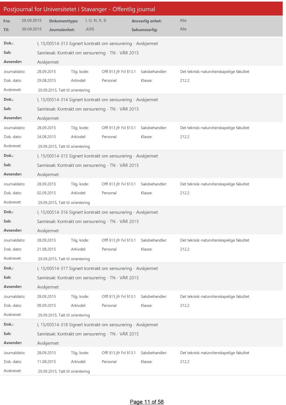 2015 Arkivdel: Personal, Tatt til orientering I, 15/00514-315 Signert kontrakt om sensurering - Dok. dato: 02.09.