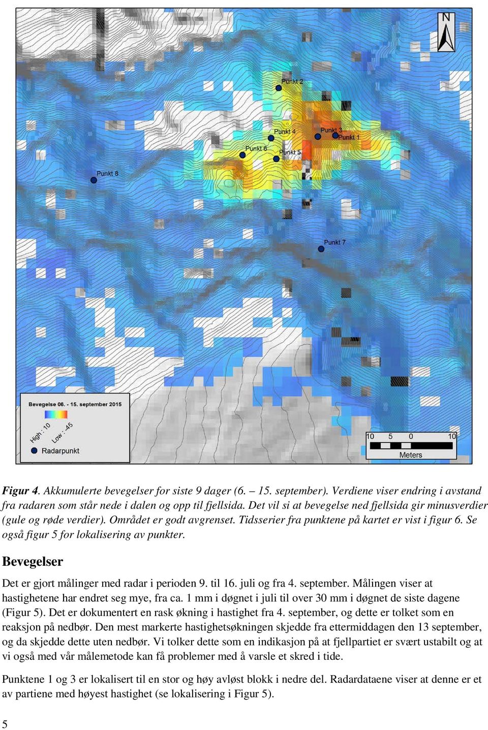 Se også figur 5 for lokalisering av punkter. Bevegelser Det er gjort målinger med radar i perioden 9. til 16. juli og fra 4. september. Målingen viser at hastighetene har endret seg mye, fra ca.