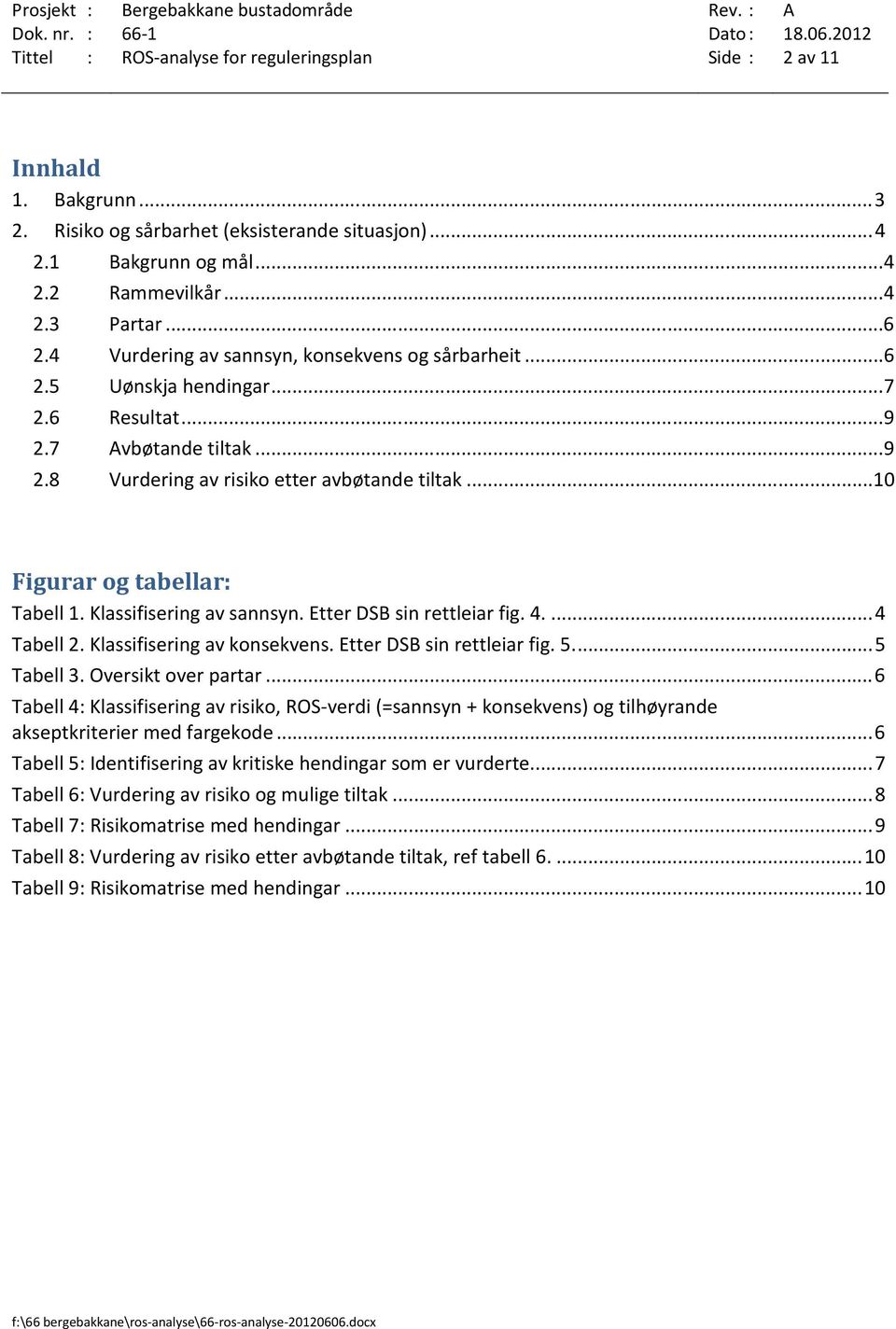 .. 10 Figurar og tabellar: Tabell 1. Klassifisering av sannsyn. Etter DSB sin rettleiar fig. 4.... 4 Tabell 2. Klassifisering av konsekvens. Etter DSB sin rettleiar fig. 5.... 5 Tabell 3.