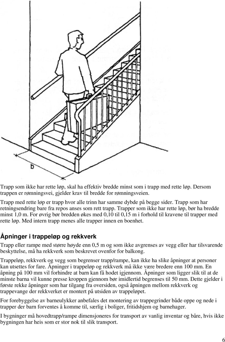 Trapper som ikke har rette løp, bør ha bredde minst 1,0 m. For øvrig bør bredden økes med 0,10 til 0,15 m i forhold til kravene til trapper med rette løp.