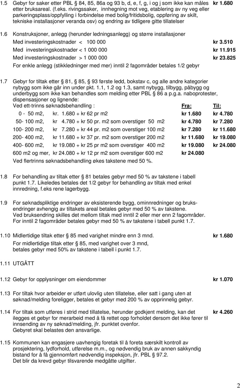 tidligere gitte tillatelser kr 1.680 1.6 Konstruksjoner, anlegg (herunder ledningsanlegg) og større installasjoner Med investeringskostnader < 100 000 kr 3.