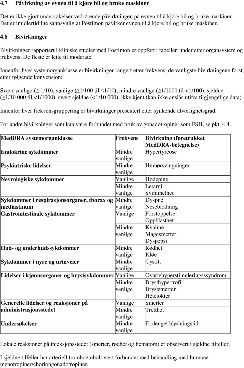 8 Bivirkninger Bivirkninger rapportert i kliniske studier med Fostimon er oppført i tabellen under etter organsystem og frekvens. De fleste er lette til moderate.