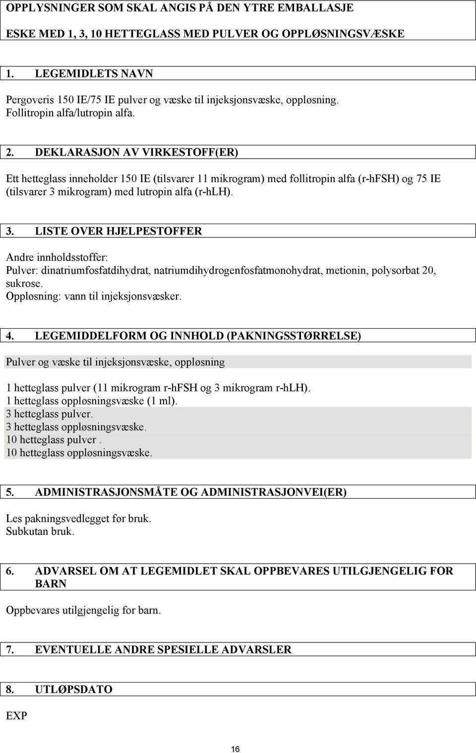 DEKLARASJON AV VIRKESTOFF(ER) Ett hetteglass inneholder 150 IE (tilsvarer 11 mikrogram) med follitropin alfa (r-hfsh) og 75 IE (tilsvarer 3 