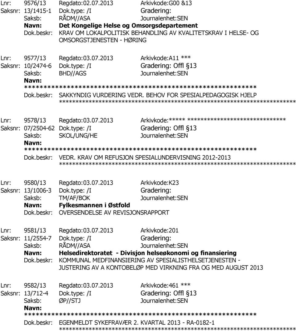 type: /I Gradering: Offl 13 Dok.beskr: SAKKYNDIG VURDERING VEDR. BEHOV FOR SPESIALPEDAGOGISK HJELP ************ Lnr: 9578/13 Regdato:03.07.