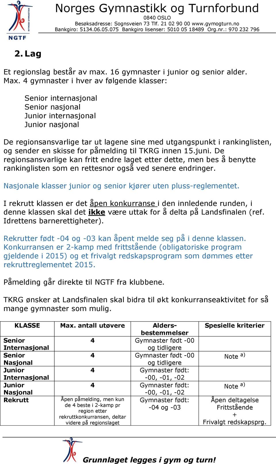 TKRG innen 15.juni. De regionsansvarlige kan fritt endre laget etter dette, men bes å benytte rankinglisten som en rettesnor også ved senere endringer.