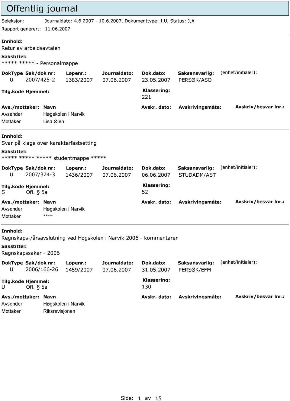 2007 ERØK/AO 221 Høgskolen i Narvik Mottaker Lisa Øien nnhold: var på klage over karakterfastsetting ***** ***** ***** studentmappe *****