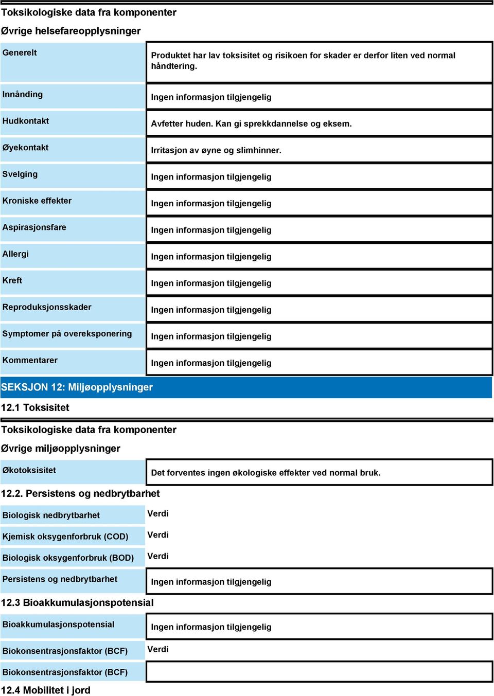 Irritasjon av øyne og slimhinner. SEKSJON 12: Miljøopplysninger 12.