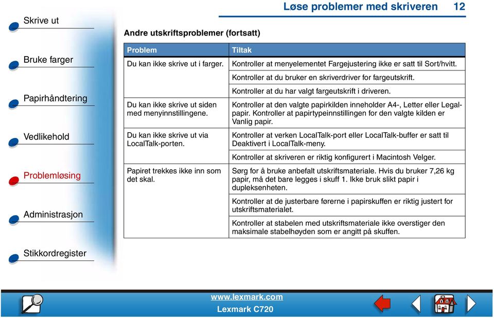 Kontroller at du har valgt fargeutskrift i driveren. Kontroller at den valgte papirkilden inneholder A4-, Letter eller Legalpapir.