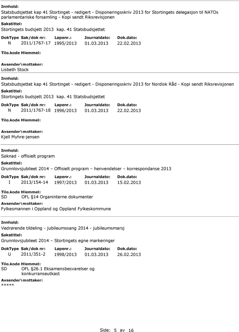 2013 Lisbeth Stock Statsbudsjettet kap 41 Stortinget - redigert - Disponeringsskriv 2013 for Nordisk Råd - Kopi sendt Riksrevisjonen Stortingets budsjett 2013 kap.