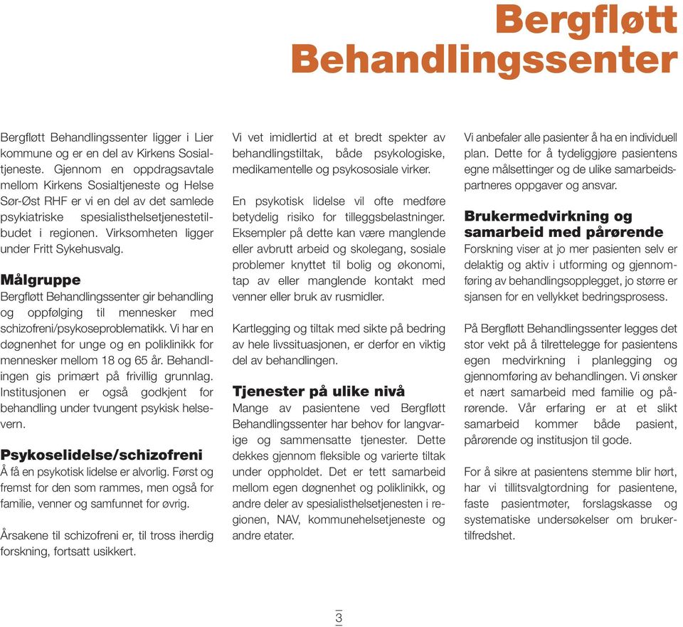 Virksomheten ligger under Fritt Sykehusvalg. Målgruppe Bergfløtt Behandlingssenter gir behandling og oppfølging til mennesker med schizofreni/psykoseproblematikk.