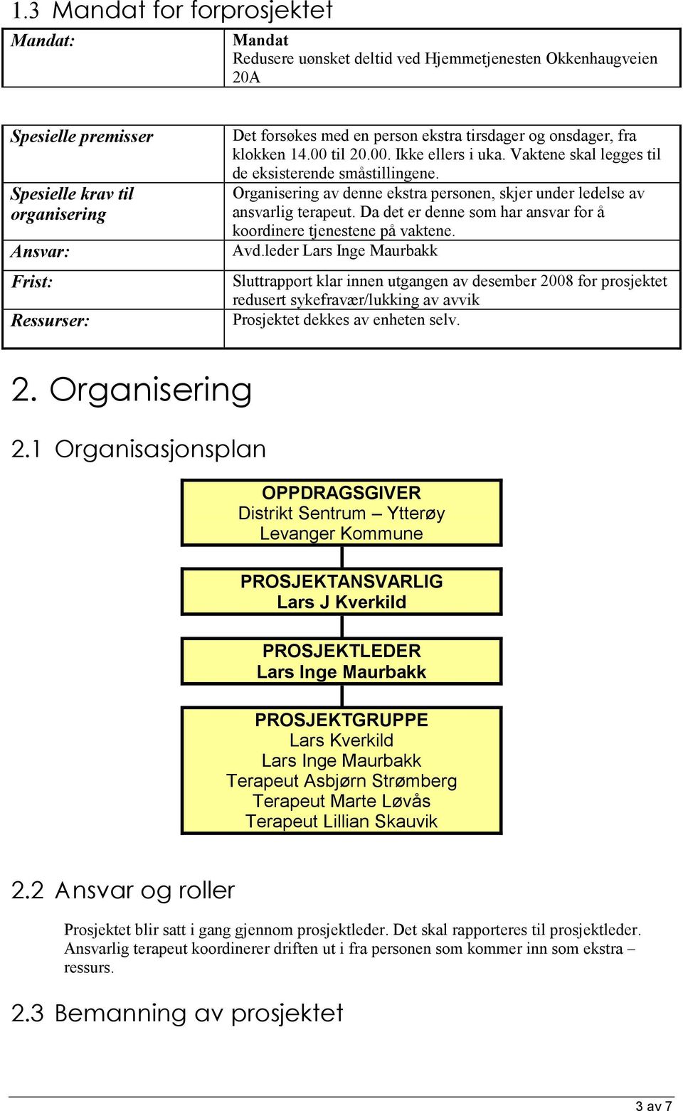 Organisering av denne ekstra personen, skjer under ledelse av ansvarlig terapeut. Da det er denne som har ansvar for å koordinere tjenestene på vaktene. Avd.