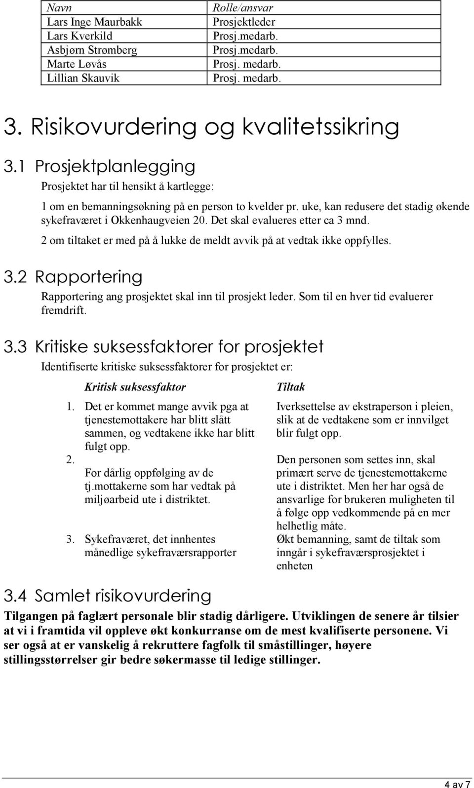 uke, kan redusere det stadig økende sykefraværet i Okkenhaugveien 20. Det skal evalueres etter ca 3 mnd. 2 om tiltaket er med på å lukke de meldt avvik på at vedtak ikke oppfylles. 3.2 Rapportering Rapportering ang prosjektet skal inn til prosjekt leder.