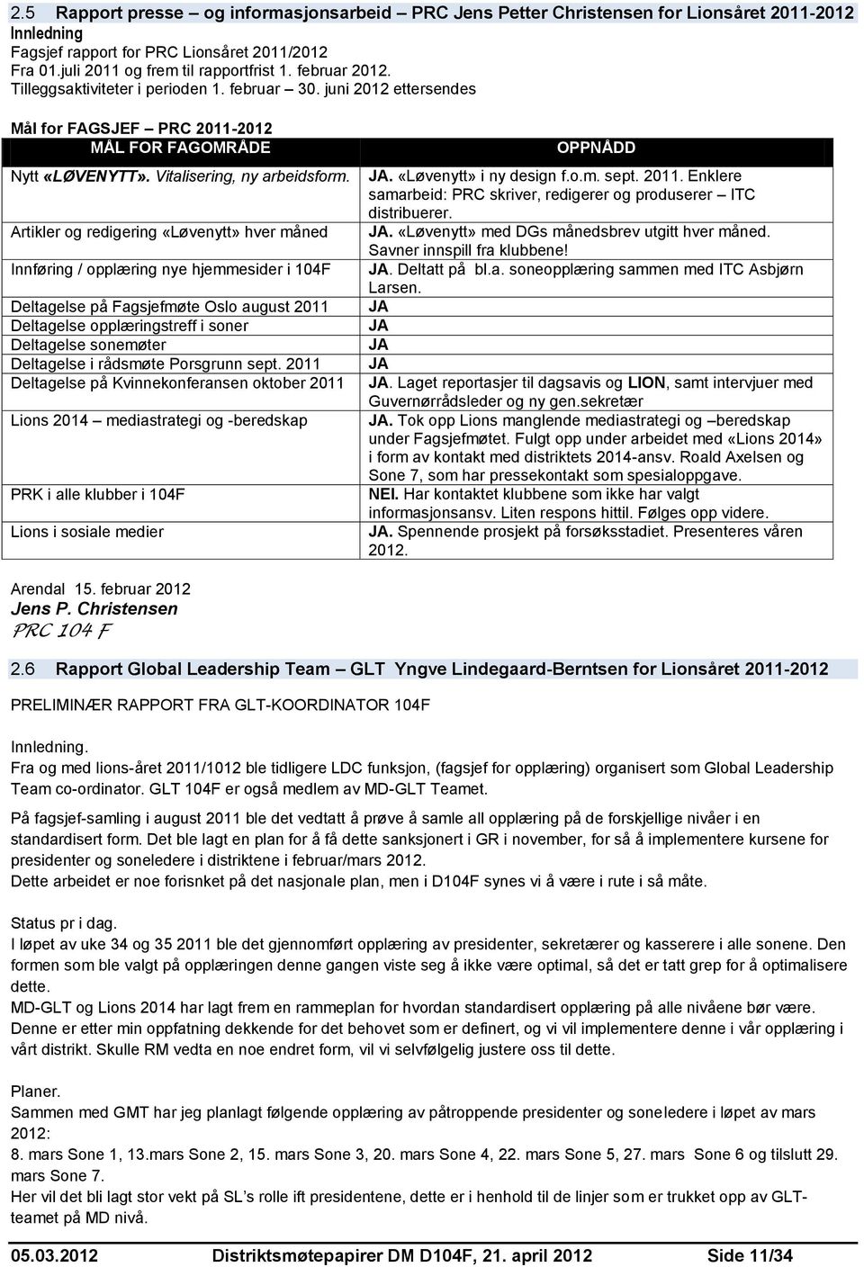 Artikler og redigering «Løvenytt» hver måned Innføring / opplæring nye hjemmesider i 104F Deltagelse på Fagsjefmøte Oslo august 2011 Deltagelse opplæringstreff i soner Deltagelse sonemøter Deltagelse