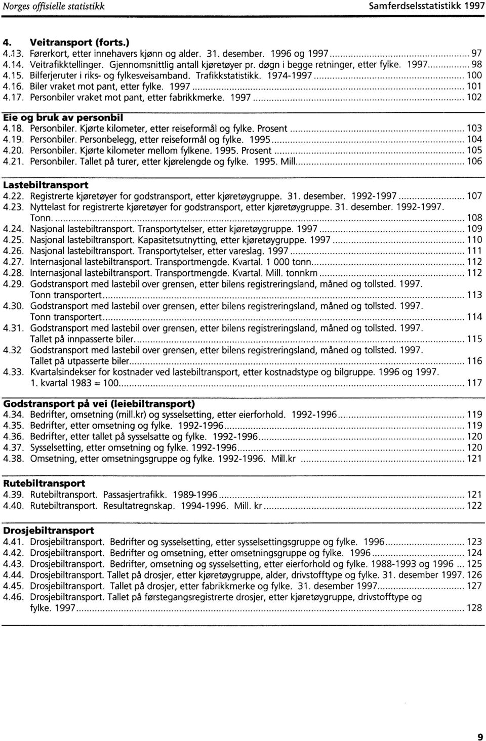 Biler vraket mot pant, etter fylke. 1997 101 4.17. Personbiler vraket mot pant, etter fabrikkmerke. 1997 102 Eie og bruk av personbil 4.18. Personbiler. Kjørte kilometer, etter reiseformål og fylke.