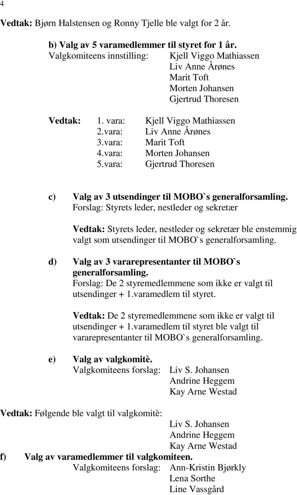 vara: Morten Johansen 5.vara: Gjertrud Thoresen c) Valg av 3 utsendinger til MOBO`s generalforsamling.