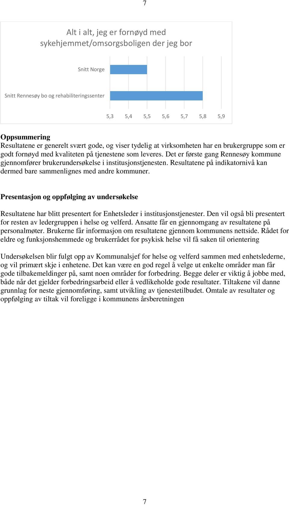 Resultatene på indikatornivå kan dermed bare sammenlignes med andre kommuner. Presentasjon og oppfølging av undersøkelse Resultatene har blitt presentert for Enhetsleder i institusjonstjenester.