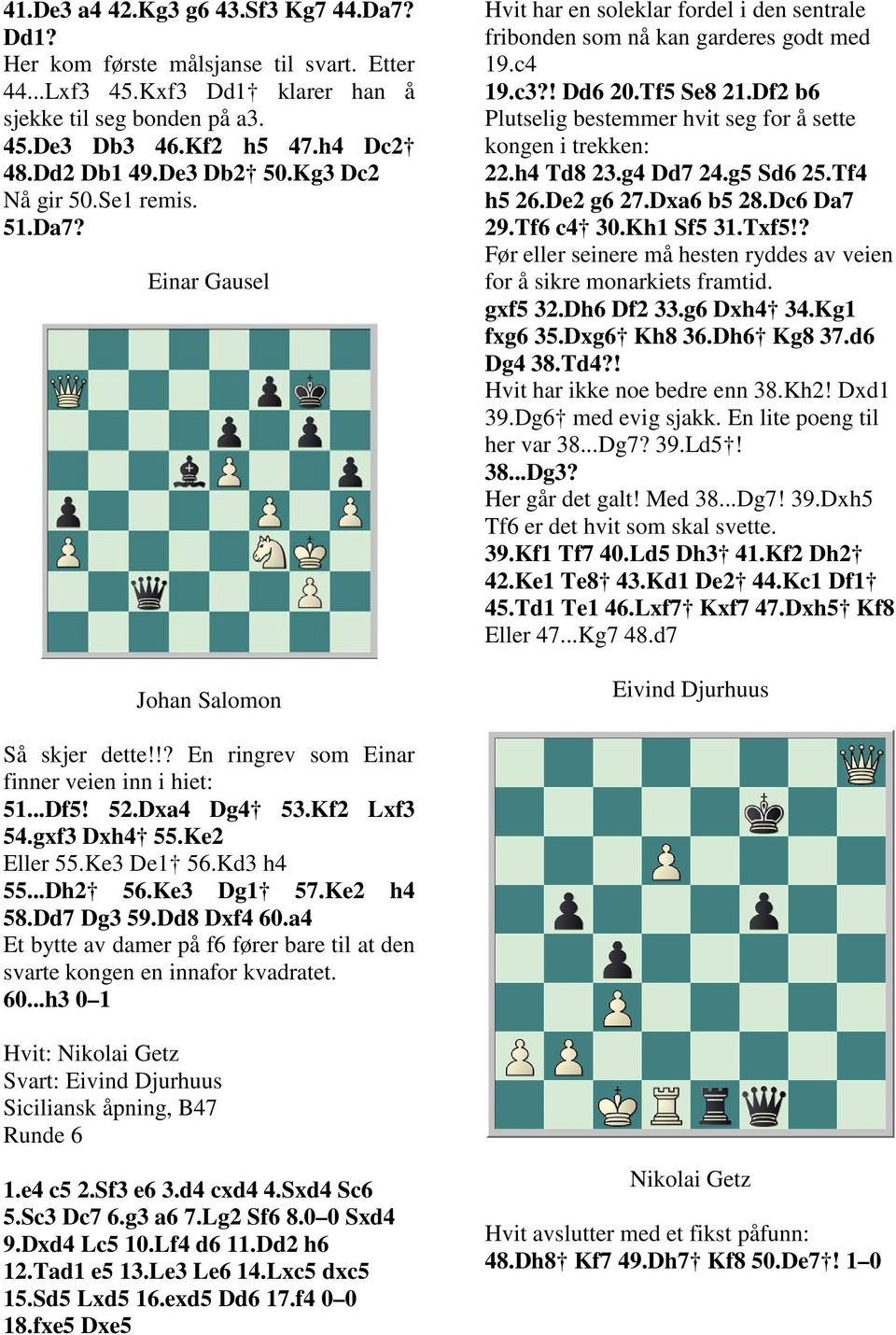 Df2 b6 Plutselig bestemmer hvit seg for å sette kongen i trekken: 22.h4 Td8 23.g4 Dd7 24.g5 Sd6 25.Tf4 h5 26.De2 g6 27.Dxa6 b5 28.Dc6 Da7 29.Tf6 c4 30.Kh1 Sf5 31.Txf5!