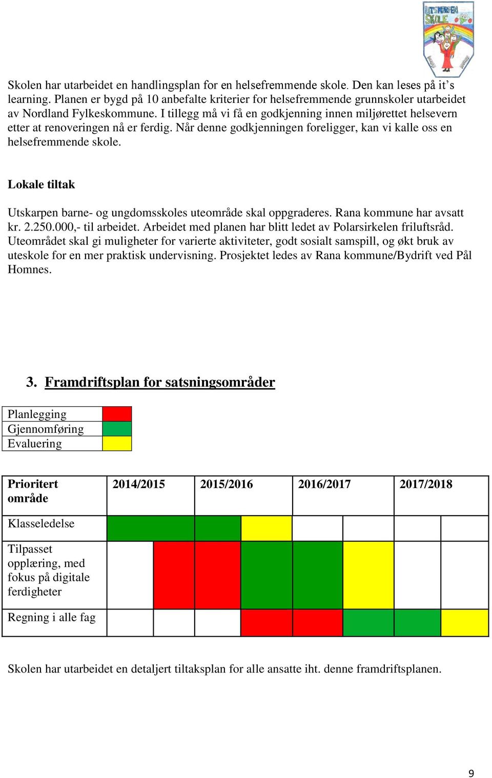 I tillegg må vi få en godkjenning innen miljørettet helsevern etter at renoveringen nå er ferdig. Når denne godkjenningen foreligger, kan vi kalle oss en helsefremmende skole.