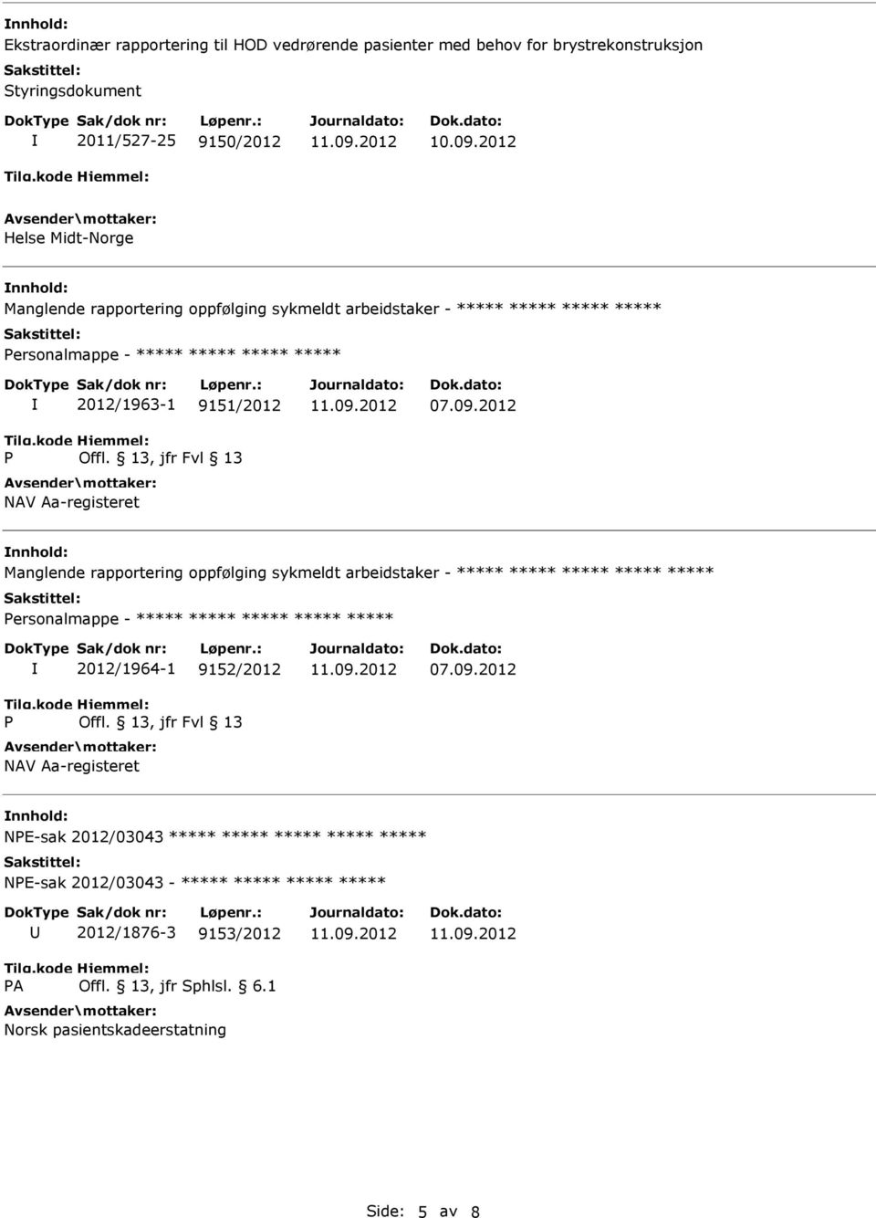 2012 Manglende rapportering oppfølging sykmeldt arbeidstaker - ***** ***** ***** ***** ***** Personalmappe - ***** ***** ***** ***** ***** P 2012/1964-1 9152/2012 Offl.