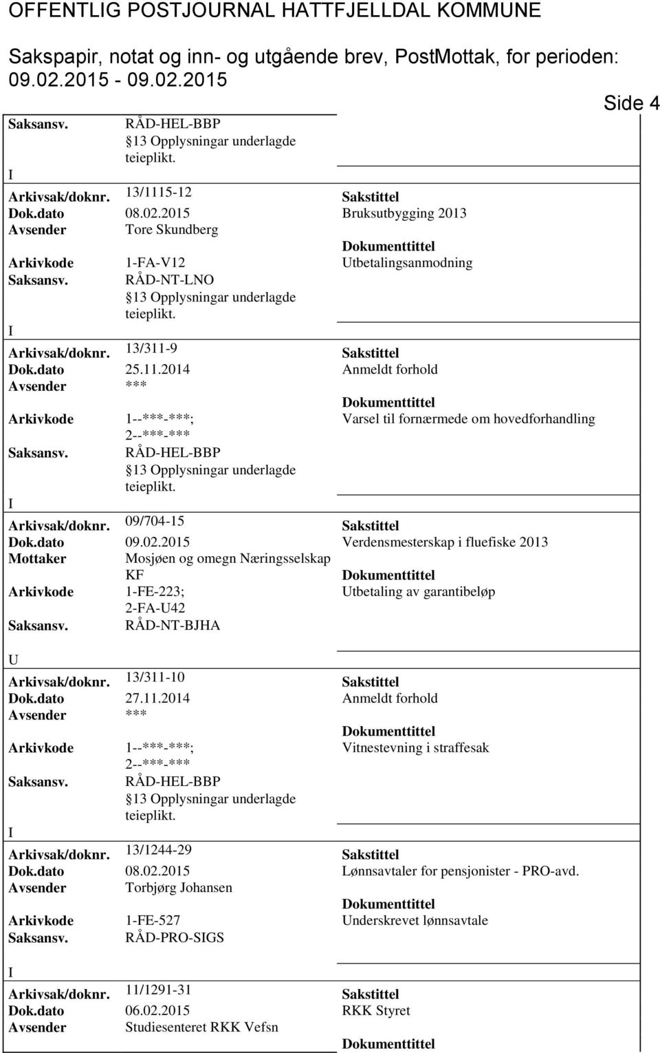 9 Sakstittel Dok.dato 25.11.2014 Anmeldt forhold Arkivkode 1--***-***; Varsel til fornærmede om hovedforhandling 2--***-*** Arkivsak/doknr. 09/704-15 Sakstittel Dok.dato 09.02.