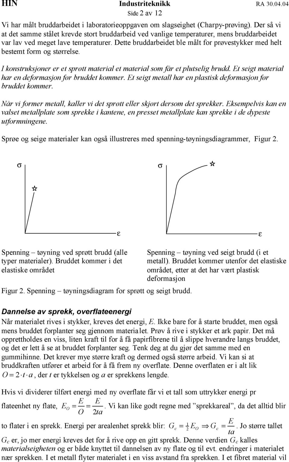 Dette bruddarbeidet ble målt for prøvestykker med helt bestemt form og størrelse. I konstruksjoner er et sprøtt material et material som får et plutselig brudd.