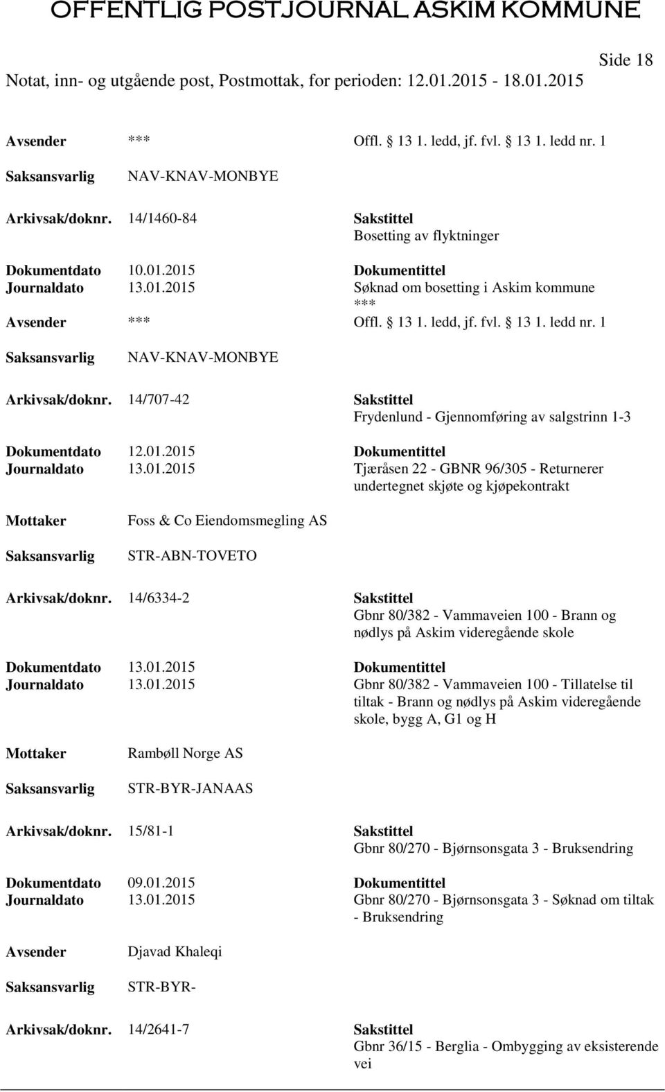 2015 Dokumentittel Journaldato 13.01.2015 Tjæråsen 22 - GBNR 96/305 - Returnerer undertegnet skjøte og kjøpekontrakt Foss & Co Eiendomsmegling AS STR-ABN-TOVETO Arkivsak/doknr.