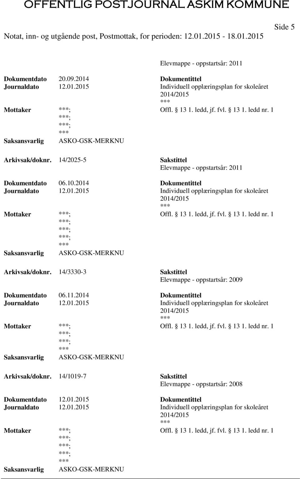 13 1. ledd, jf. fvl. 13 1. ledd nr. 1 ; ; ; ASKO-GSK-MERKNU Arkivsak/doknr. 14/3330-3 Sakstittel Elevmappe - oppstartsår: 2009 Dokumentdato 06.11.2014