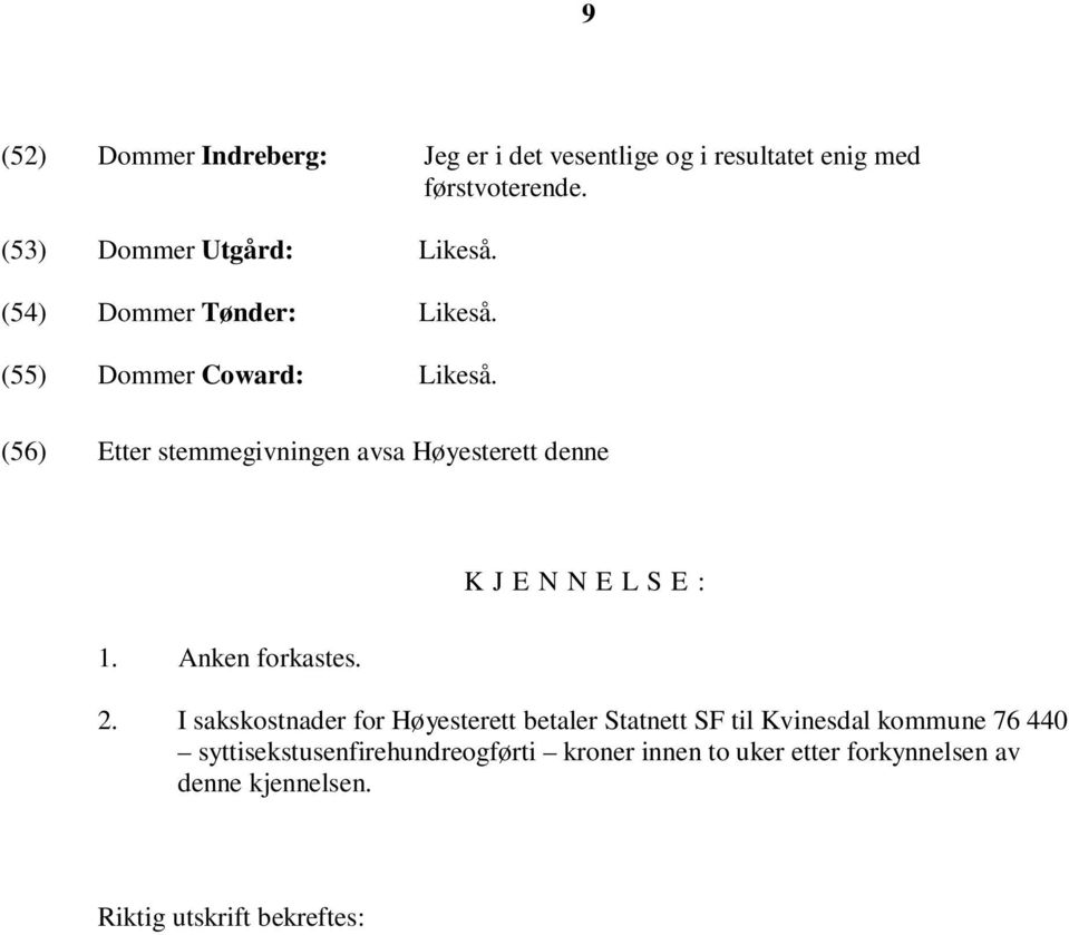 (56) Etter stemmegivningen avsa Høyesterett denne K J E N N E L S E : 1. Anken forkastes. 2.