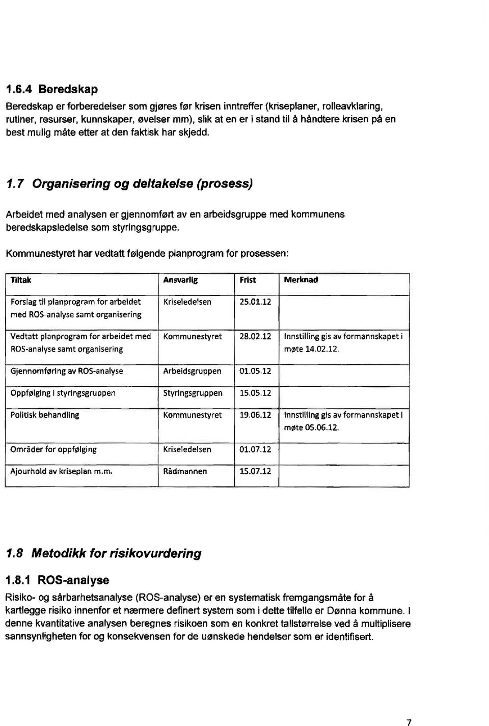 med kommunens Kommunestyret har vedtatt følgende planprogram for prosessen: Tiltak Ansvarlig Frist Merknad Forslag til planprogram for arbeidet Kriseledelsen 25.01.