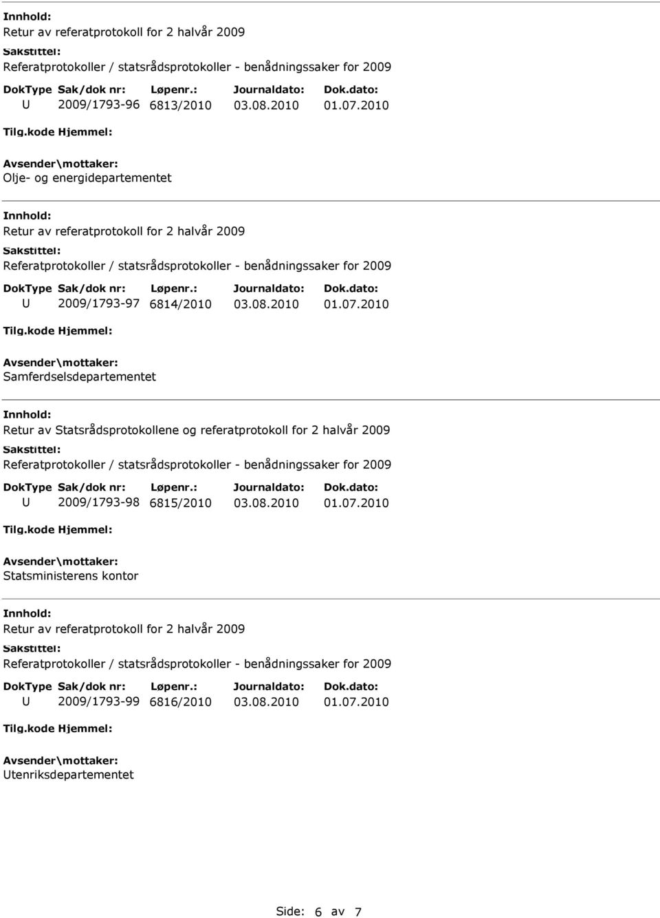 og referatprotokoll for 2 halvår 2009 2009/1793-98 6815/2010