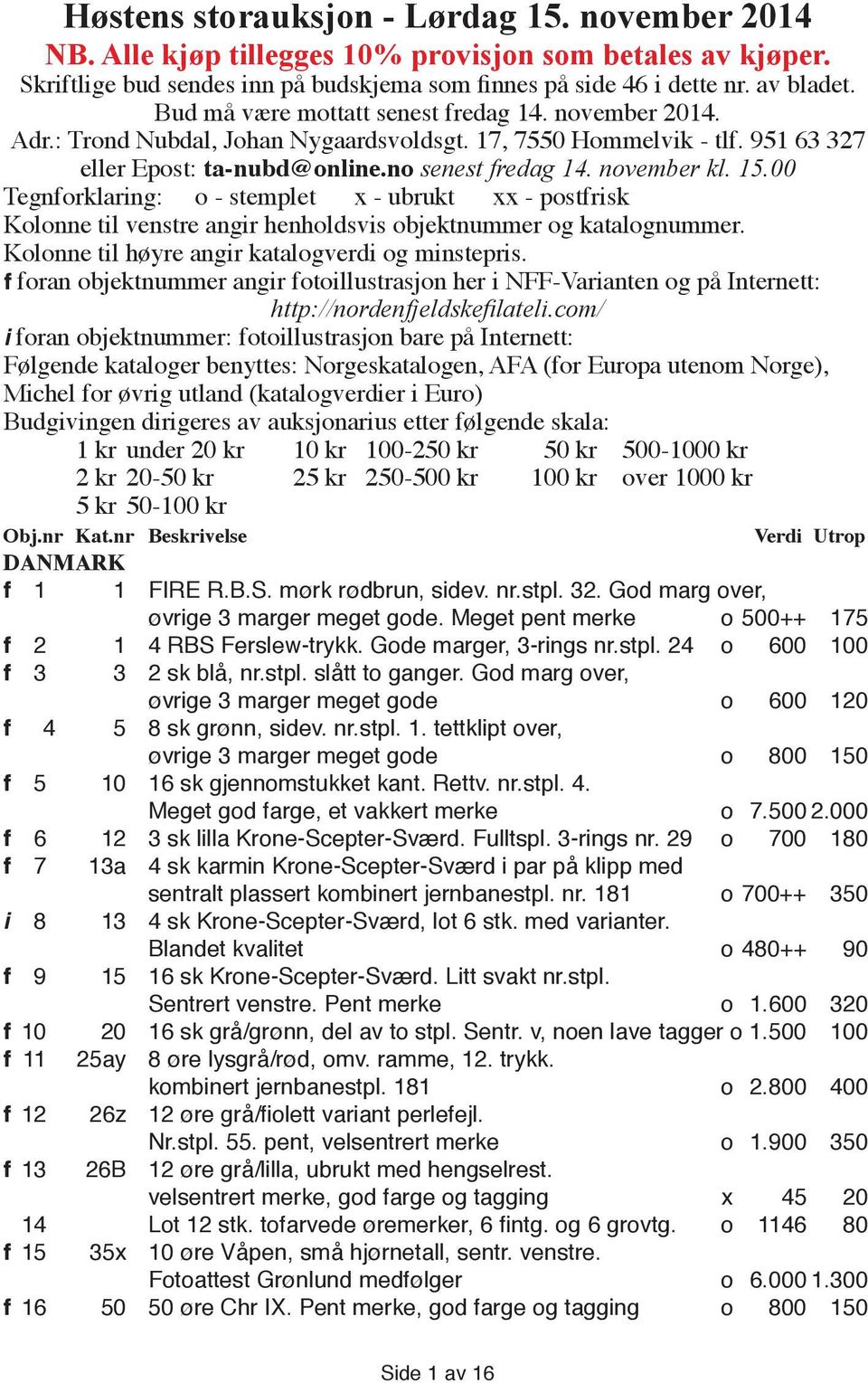 00 Tegnforklaring: o - stemplet x - ubrukt xx - postfrisk Kolonne til venstre angir henholdsvis objektnummer og katalognummer. Kolonne til høyre angir katalogverdi og minstepris.