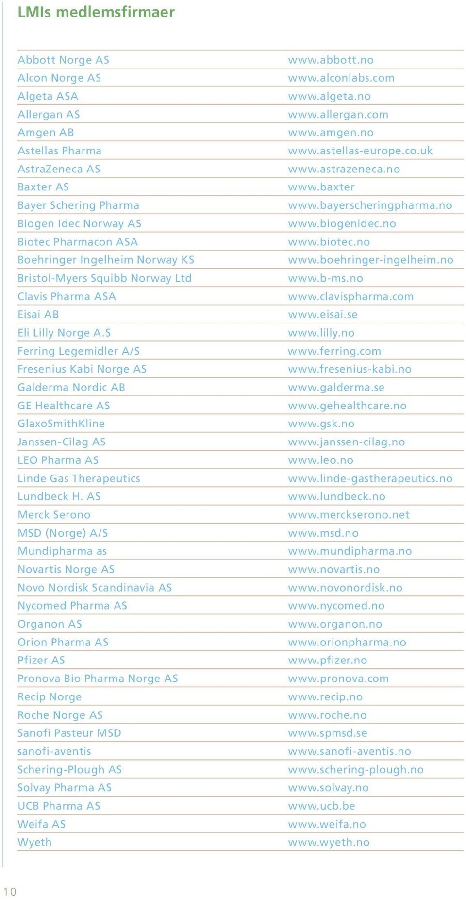 S Ferring Legemidler A/S Fresenius Kabi Norge AS Galderma Nordic AB GE Healthcare AS GlaxoSmithKline Janssen-Cilag AS LEO Pharma AS Linde Gas Therapeutics Lundbeck H.