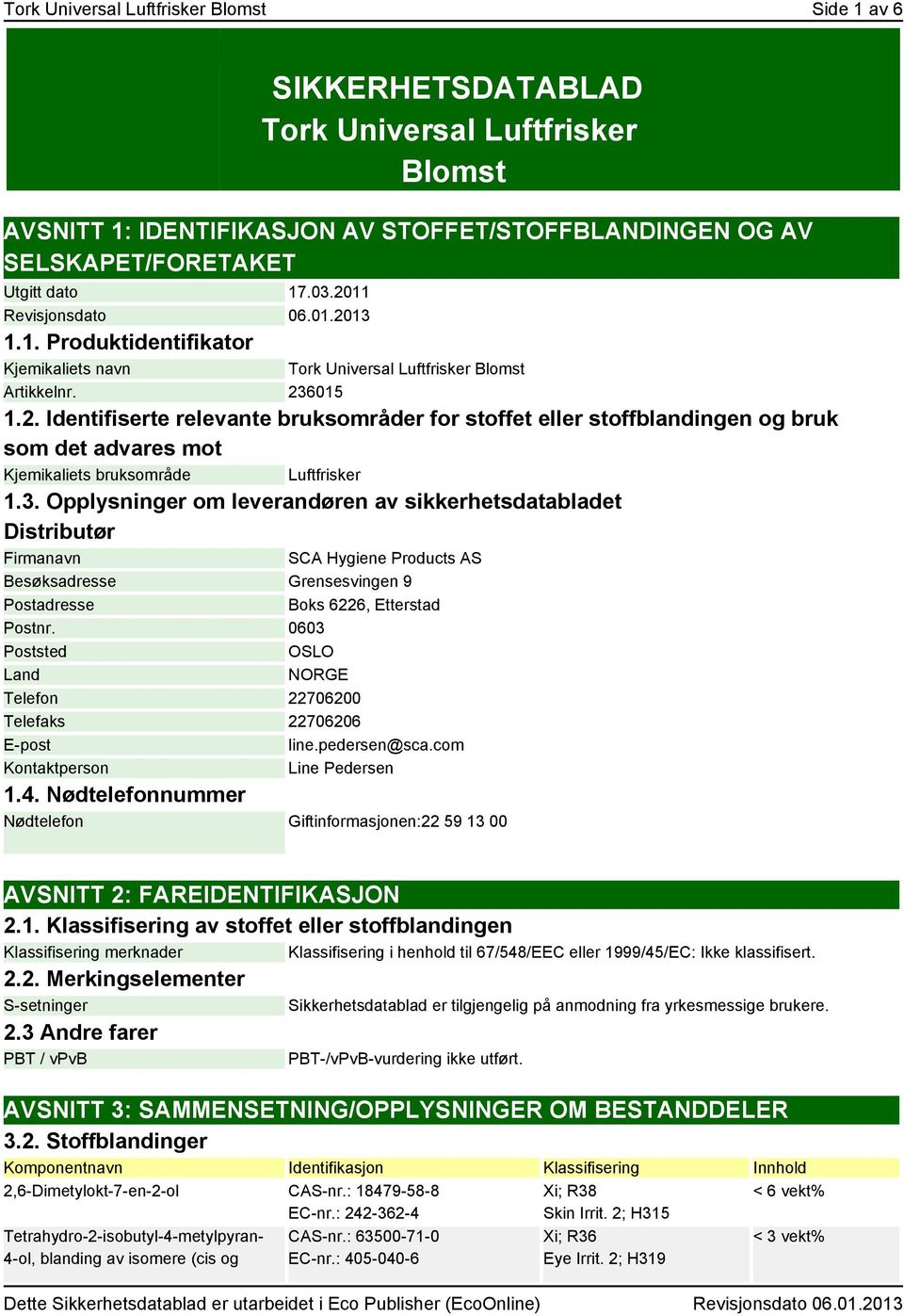 3. Opplysninger om leverandøren av sikkerhetsdatabladet Distributør Firmanavn SCA Hygiene Products AS Besøksadresse Grensesvingen 9 Postadresse Boks 6226, Etterstad Postnr.