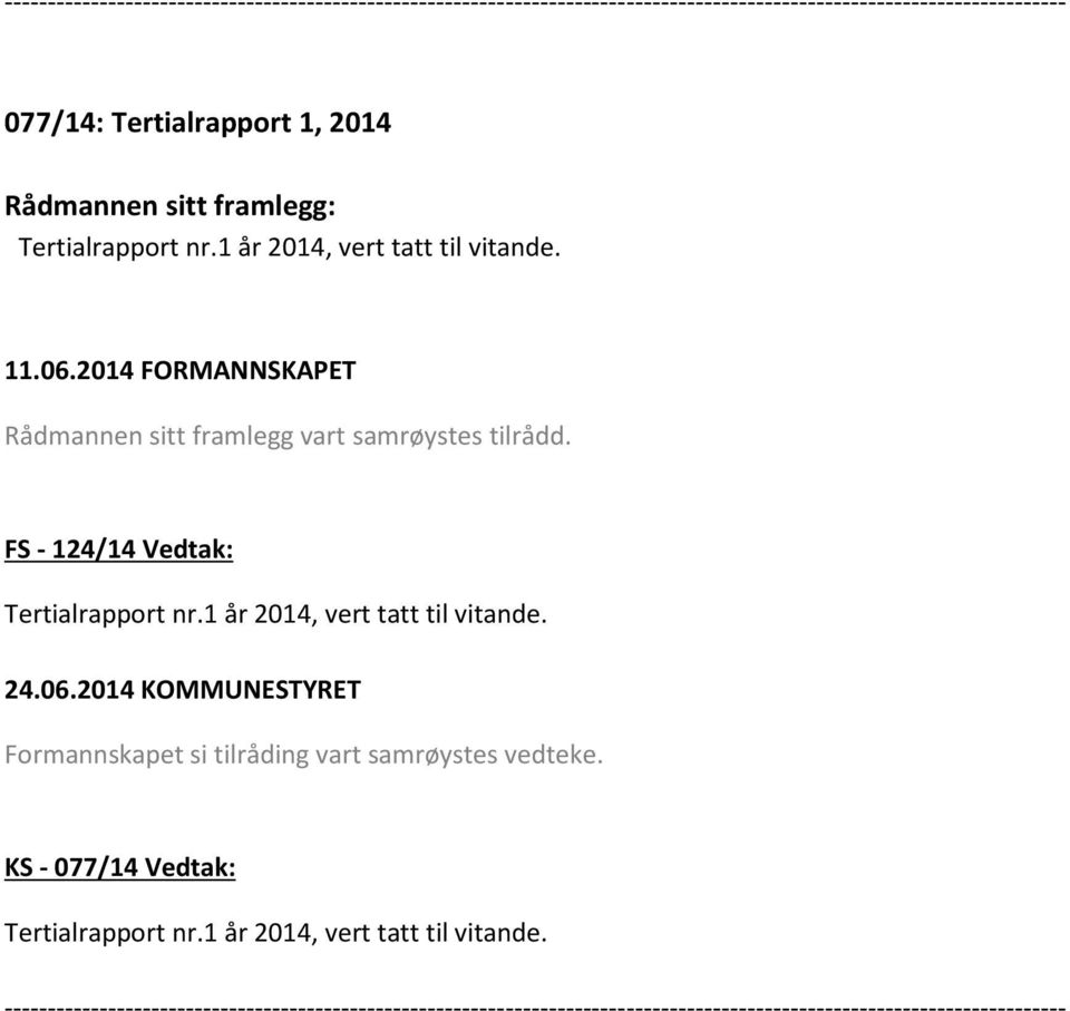 FS - 124/14 Vedtak: Tertialrapport nr.1 år 2014, vert tatt til vitande. 24.06.2014 KOMMUNESTYRET Formannskapet si tilråding vart samrøystes vedteke.