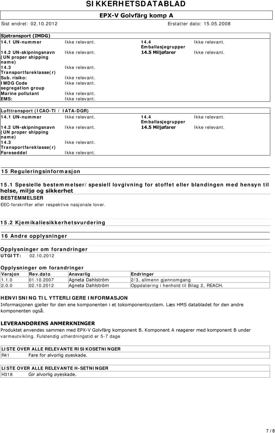 3 Transportfareklasse(r) Fareseddel 15 Reguleringsinformasjon 15.