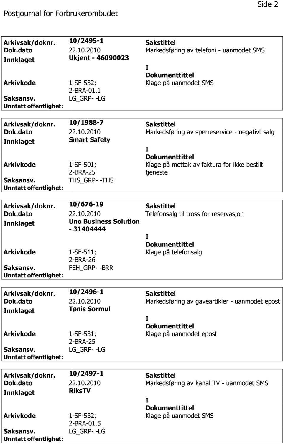 10/676-19 Sakstittel Dok.dato 22.10.2010 Telefonsalg til tross for reservasjon nnklaget no Business Solution - 31404444 Klage på telefonsalg 2-BRA-26 FEH_GRP- -BRR Arkivsak/doknr.