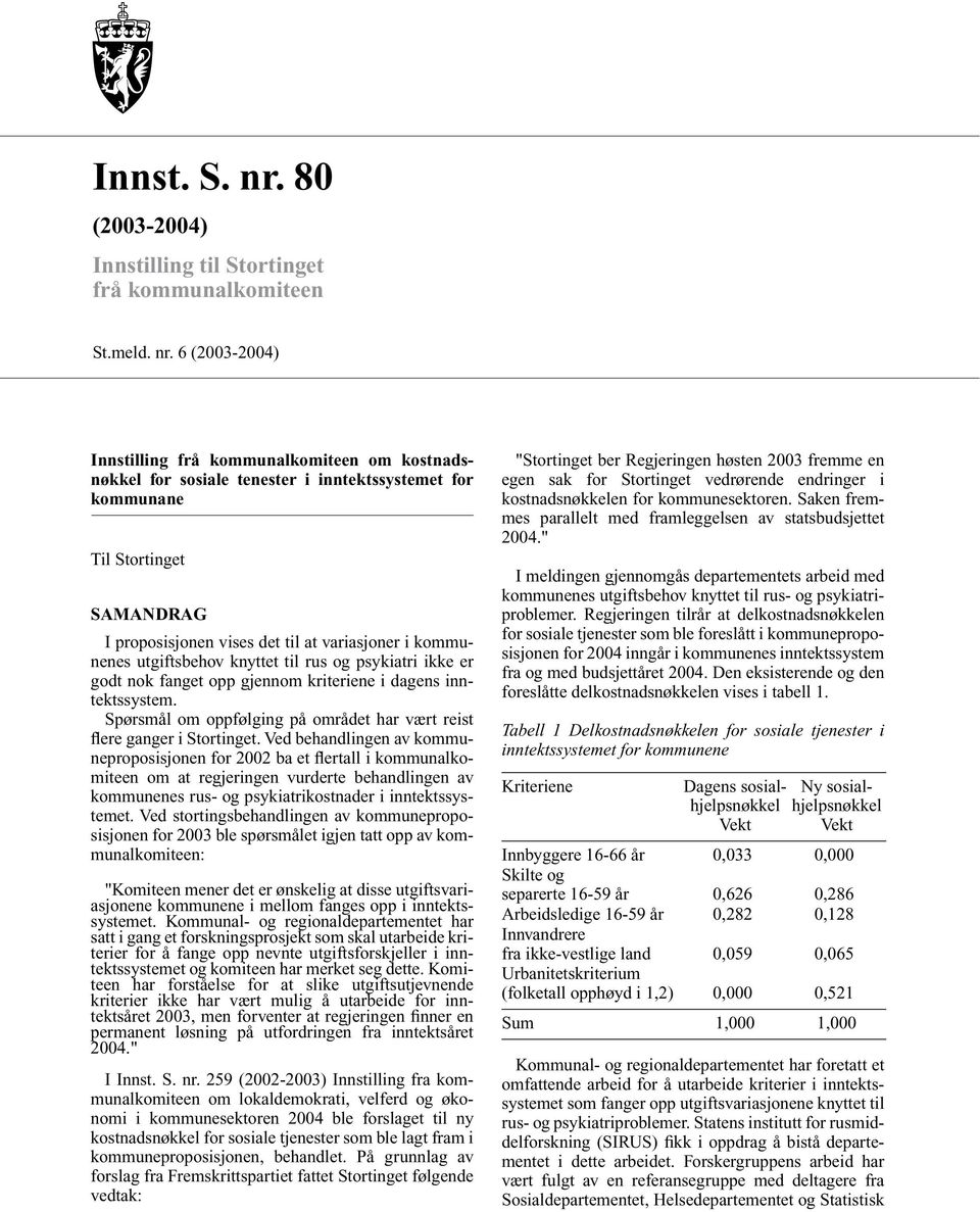 6 (2003-2004) Innstilling frå kommunalkomiteen om kostnadsnøkkel for sosiale tenester i inntektssystemet for kommunane Til Stortinget SAMANDRAG I proposisjonen vises det til at variasjoner i