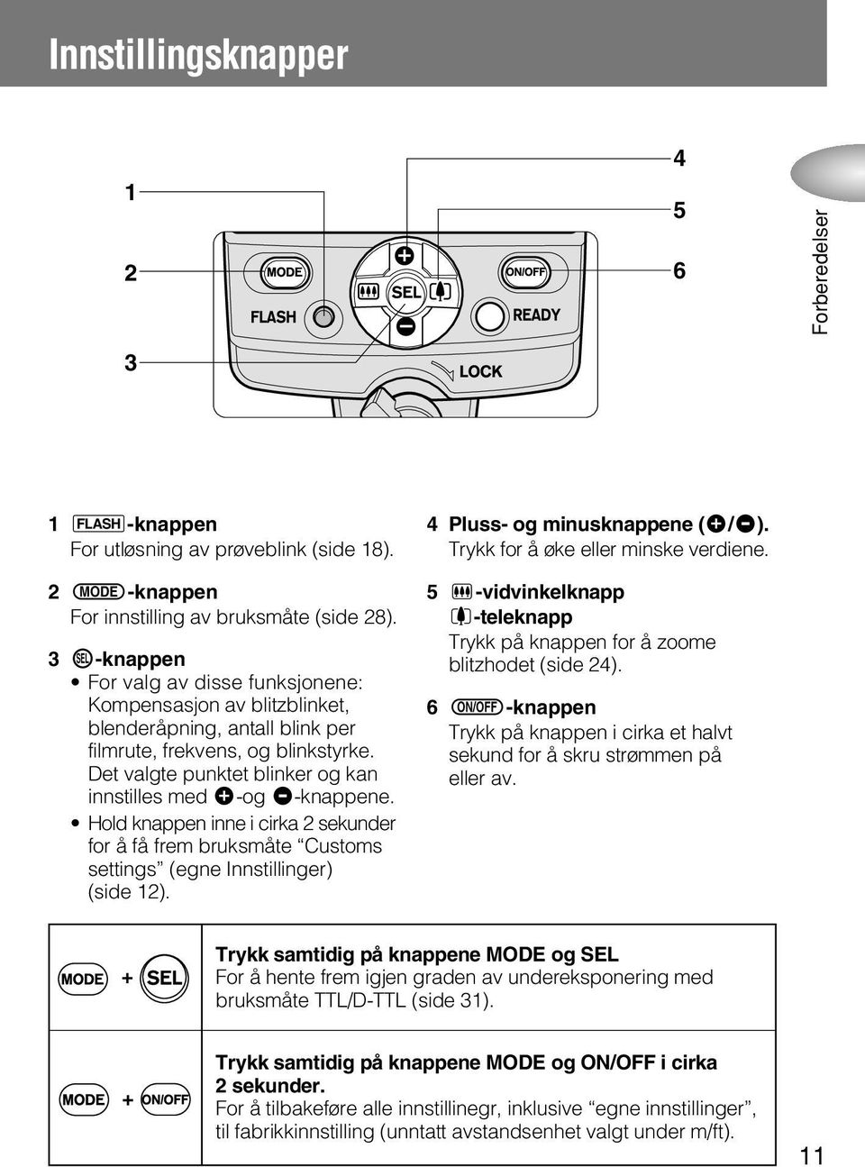 Det valgte punktet blinker og kan innstilles med e-og f-knappene. Hold knappen inne i cirka 2 sekunder for å få frem bruksmåte Customs settings (egne Innstillinger) (side 12).